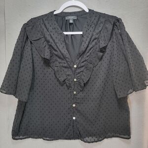Haver London Blouse Womens L Black Button Flutter Sleeve Swiss Dot Lined Sheer